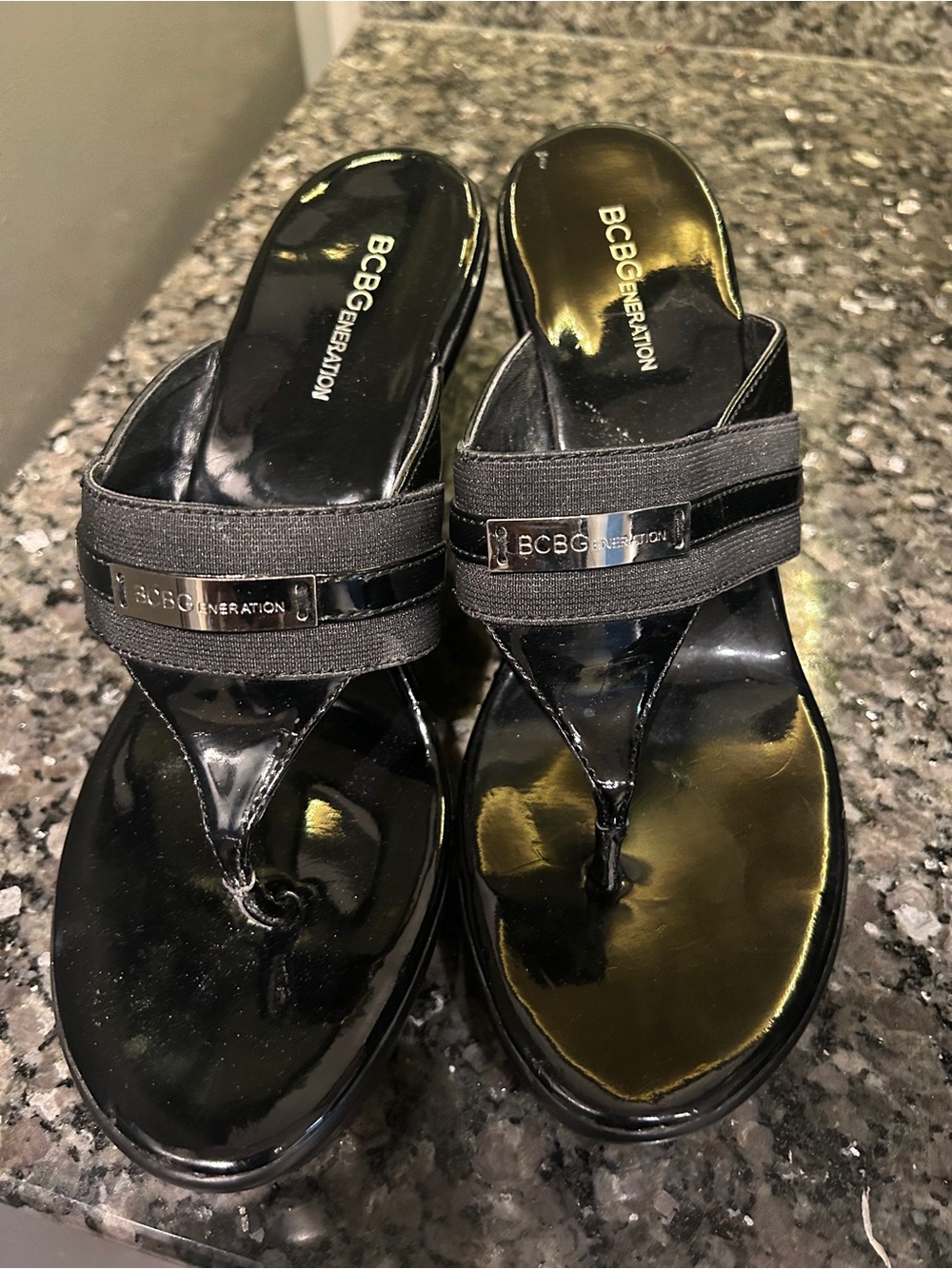 BCBGeneration Black Patent Thong Sandals with Elastic Strap
